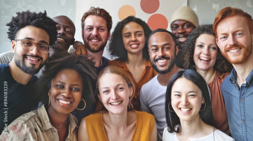 Obraz premium Group of diverse friends smiling and posing together in a cheerful, indoor setting.