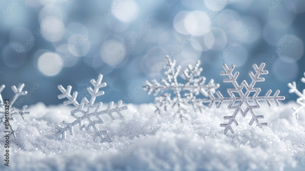 A snow-covered field with a few silver snowflakes scattered on the ground A snow-covered field with a few silver snowflakes scattered on the ground
