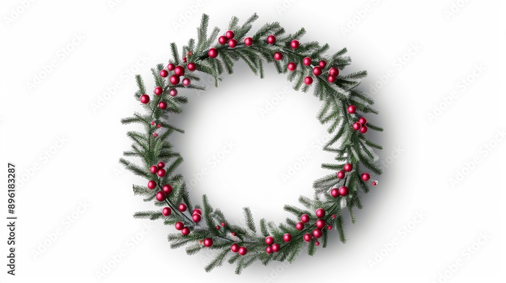 A wreath of red berries sits on a white background A wreath of red berries sits on a white background