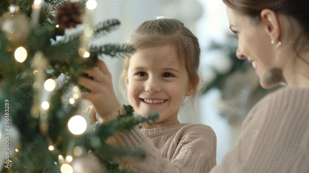 A woman and a little girl are decorating a Christmas tree A woman and a little girl are decorating a Christmas tree