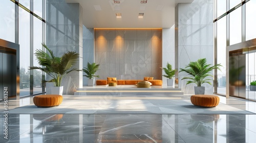 Contemporary Office Lobby: High-Resolution Image of a Professional and Inviting Space with Clean Lines and Soft Tones