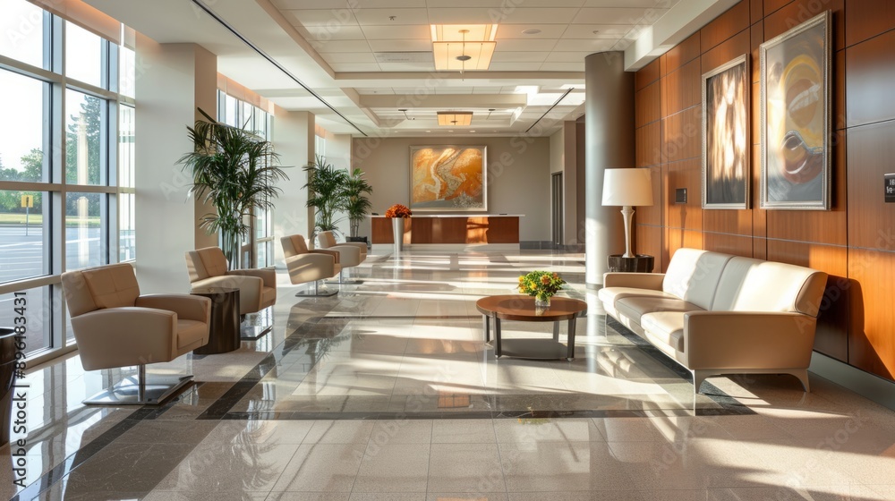 Fototapeta premium Contemporary Office Lobby: High-Resolution Image of a Professional and Inviting Space with Clean Lines and Soft Tones
