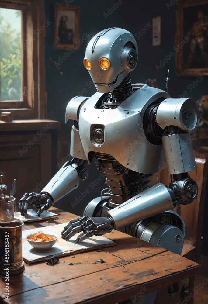 Fototapeta premium Humanoid robot seated at a table in a cozy room