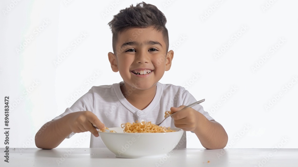 A young boy in a white shirt is sitting at the table with a bowl of noodles, eagerly eating and smiling at the camera. The clean white background complements his excited and content expression A young boy in a white shirt is sitting at the table with a bowl of noodles, eagerly eating and smiling at the camera. The clean white background complements his excited and content expression