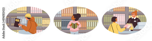 Cute girl in library or bookstore vector set, cartoon child choosing books on bookshelf, education reading in oval frame
