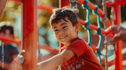 A young boy in a red shirt is playing on a jungle gym with his father, both of them climbing and having fun. The vibrant red background enhances their adventurous and spirited play photo