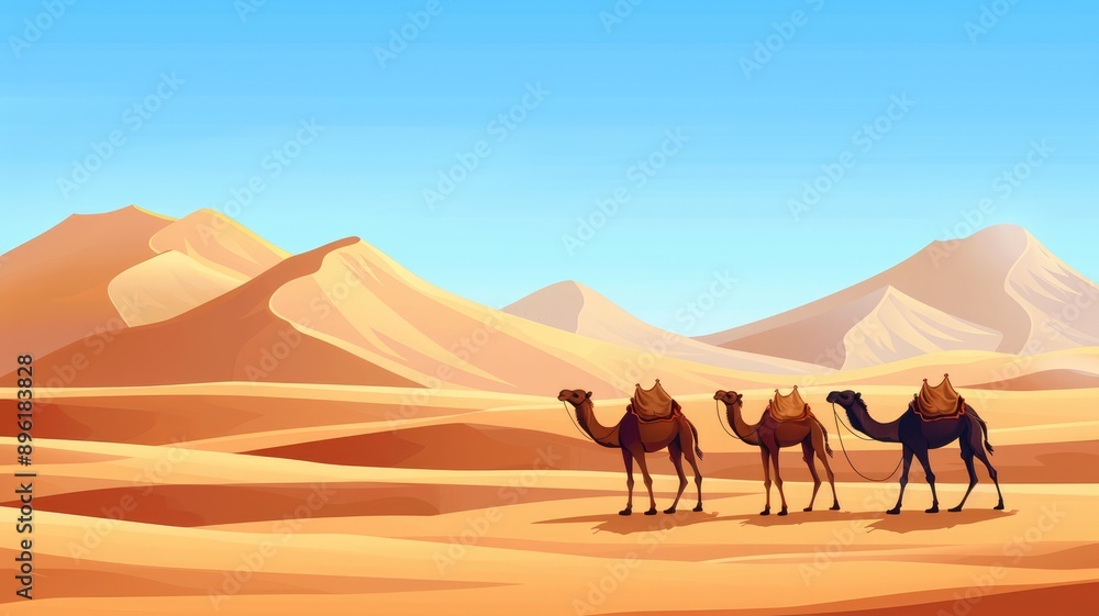 Desert landscape with camels and mountains under a clear blue sky. Desert landscape with camels and mountains under a clear blue sky.