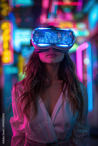 Businesswoman wearing vr headset experiencing metaverse in city at night