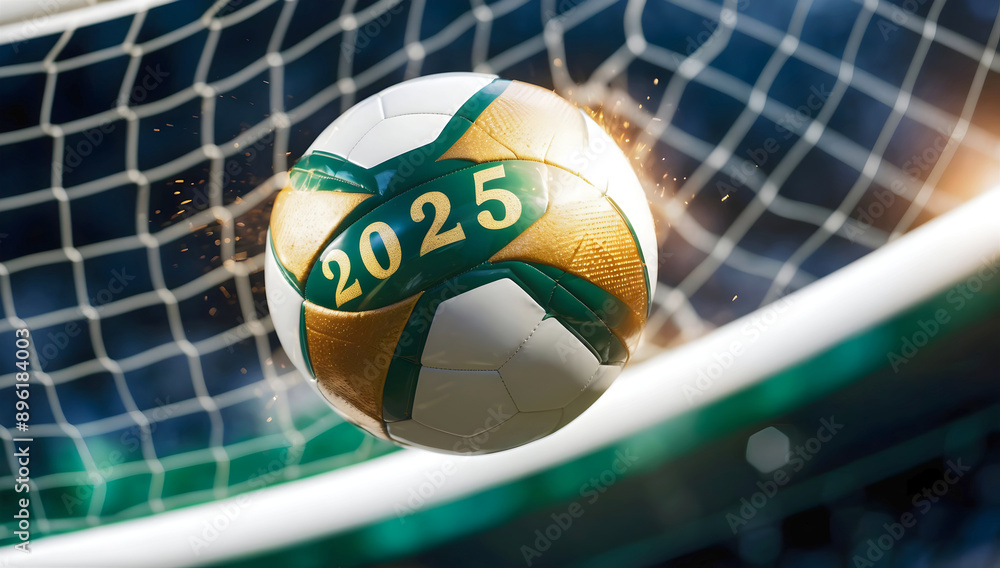happy new 2025 year soccer themed, football background, sport concept, template, soccer field