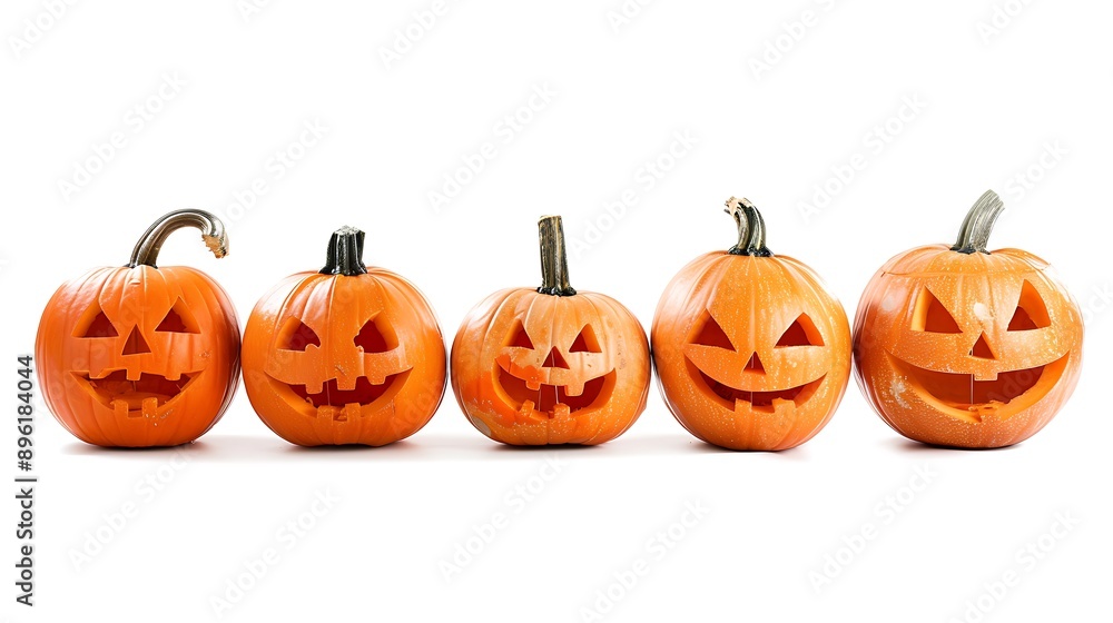Five Jack-O'-Lantern Pumpkins in a Row Five Jack-O'-Lantern Pumpkins in a Row