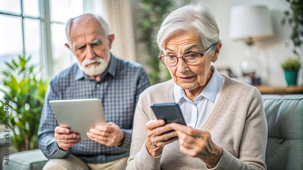 Nervous confused elderly senior woman and man stressed worried with smartphone. Frustrated grandparents having problem with paying, buying online and payments. Internet fraud or scams