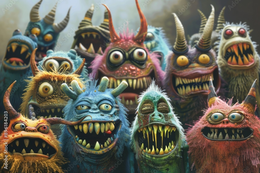 Fototapeta premium A gathering of fearsome creatures showing off their sharp teeth, great for Halloween or monster-themed designs