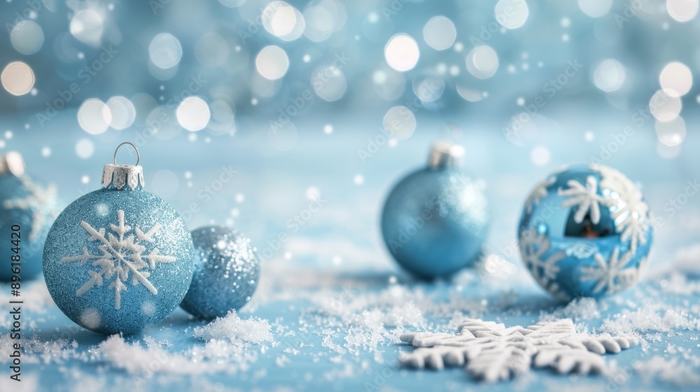 A blue background with snowflakes and Christmas ornaments A blue background with snowflakes and Christmas ornaments
