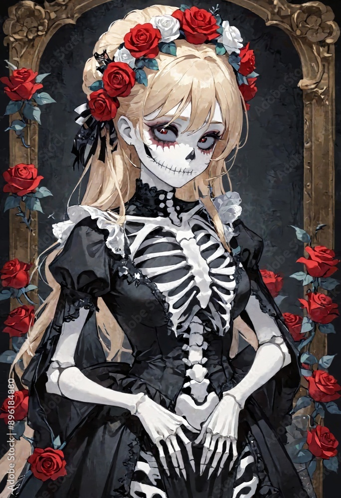 Fototapeta premium Gothic character with floral crown and skeleton dress