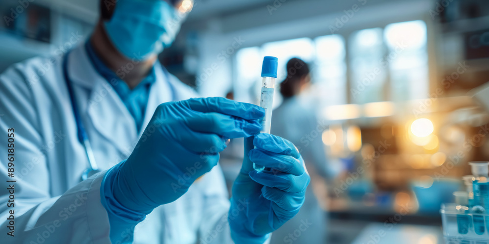 Scientist wearing blue gloves working in a lab and holding a test tube with a test device in the background Scientist wearing blue gloves working in a lab and holding a test tube with a test device in the background