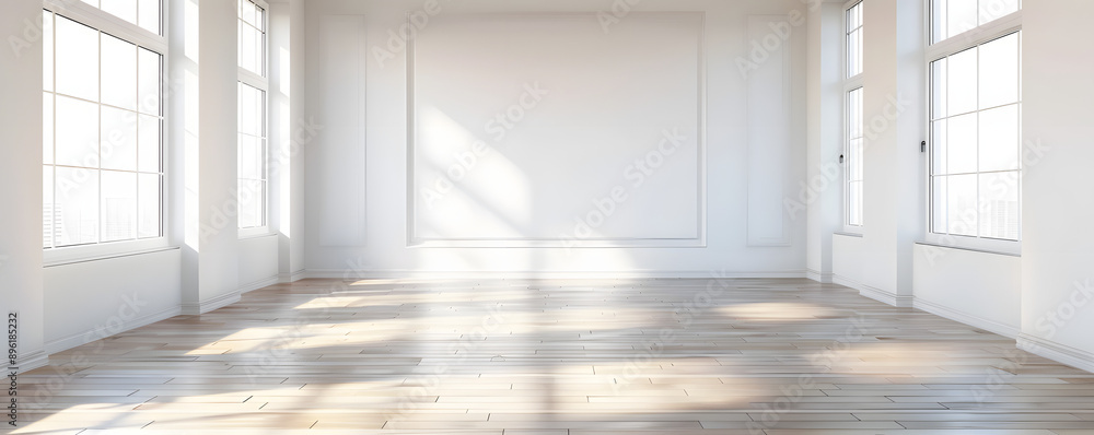 Empty white room with white wall, wooden floor and big window. Studio or office blank space. Empty template for interior product. Background for branding design showcase with copy space Empty white room with white wall, wooden floor and big window. Studio or office blank space. Empty template for interior product. Background for branding design showcase with copy space