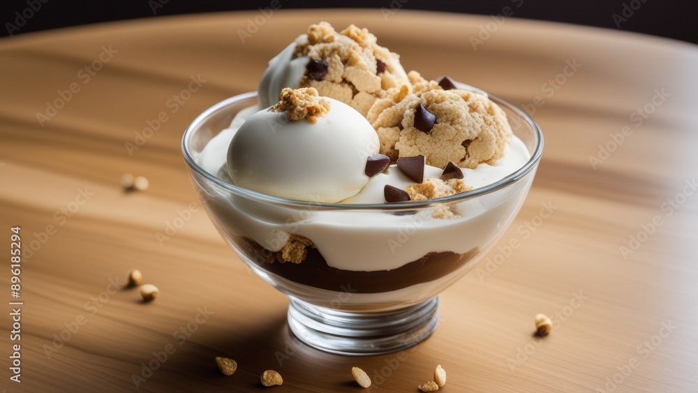 Vanilla ice cream chocolate sauce crushed Nilla wafers and chopped nuts in a glass bowl on a warm-toned table. Vanilla ice cream chocolate sauce crushed Nilla wafers and chopped nuts in a glass bowl on a warm-toned table.