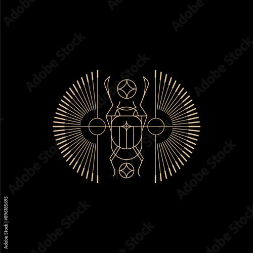 sacred Scarab line art design. beetle with wings Vector illustration logo, personifying the god. Symbol of the ancient Egyptians