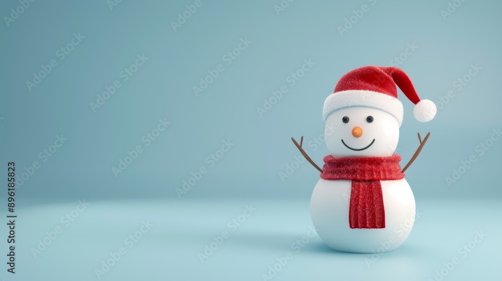 A snowman with a red scarf and a red hat is smiling A snowman with a red scarf and a red hat is smiling