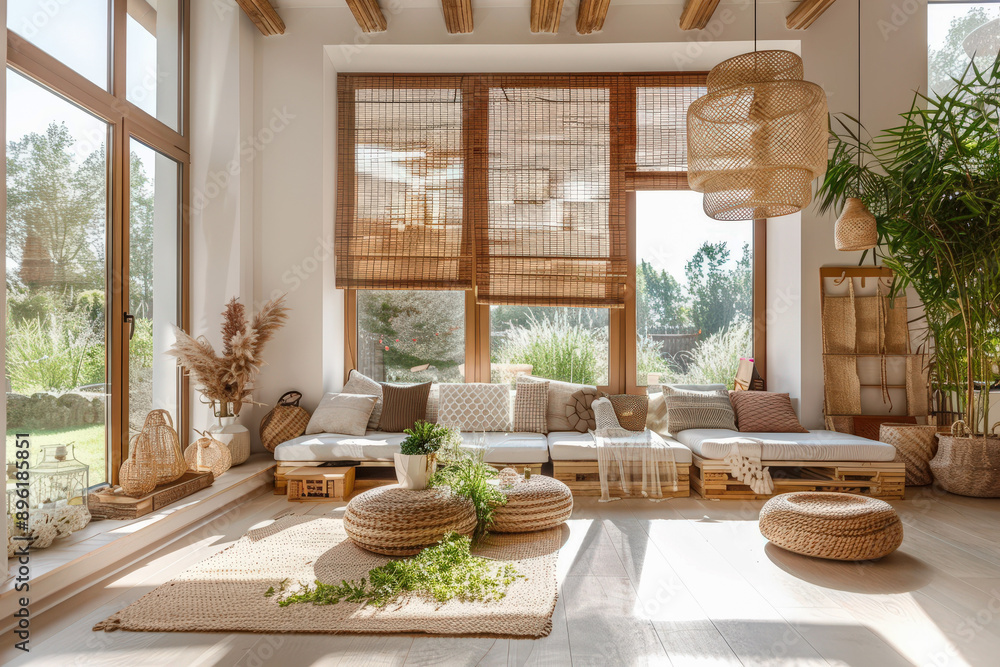 Salón estilo rustico mediterráneo ibicenco espacioso con materiales ...