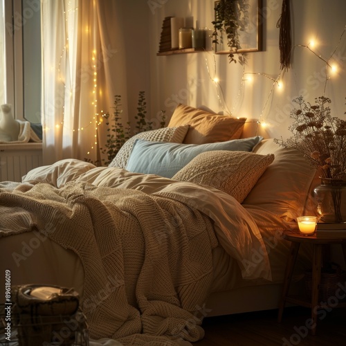 A cozy bedroom with soft lighting and comfortable bedding, creating a warm and inviting atmosphere perfect for relaxation and rest. AI generated image.