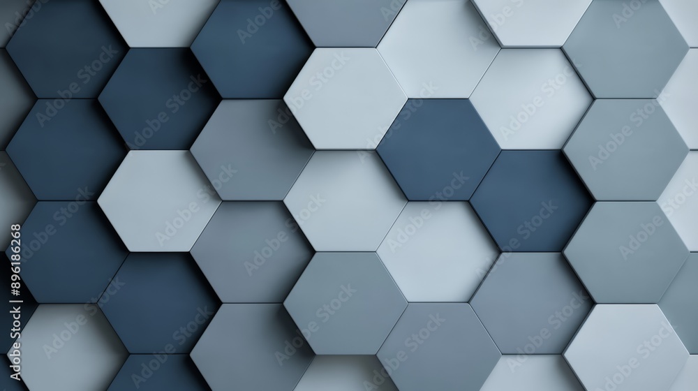 A pattern of interlocking hexagons in varying shades of blue and gray, creating a modern, geometric look, high-resolution photo, realistic photo, hyper realistic A pattern of interlocking hexagons in varying shades of blue and gray, creating a modern, geometric look, high-resolution photo, realistic photo, hyper realistic