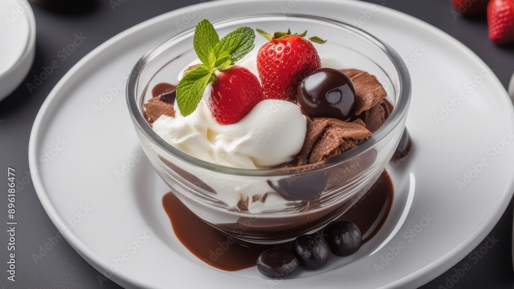 A delectable chocolate ice cream sundae adorned with vanilla ice cream whipped cream strawberries mint and a rich drizzle of chocolate sauce presented beautifully on a plate. A delectable chocolate ice cream sundae adorned with vanilla ice cream whipped cream strawberries mint and a rich drizzle of chocolate sauce presented beautifully on a plate.