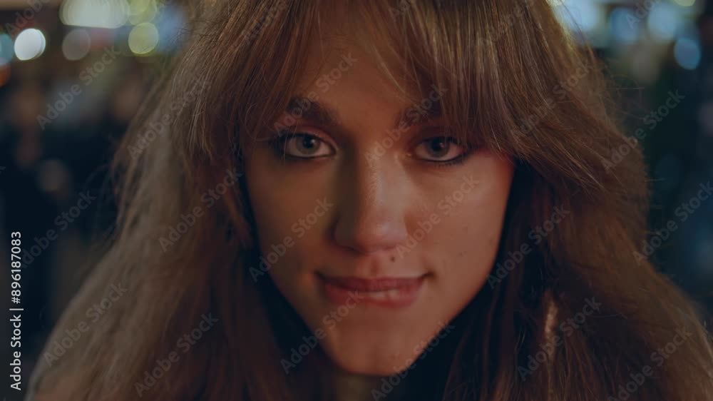 Thoughtful woman enjoying night Christmas market standing alone closeup portrait