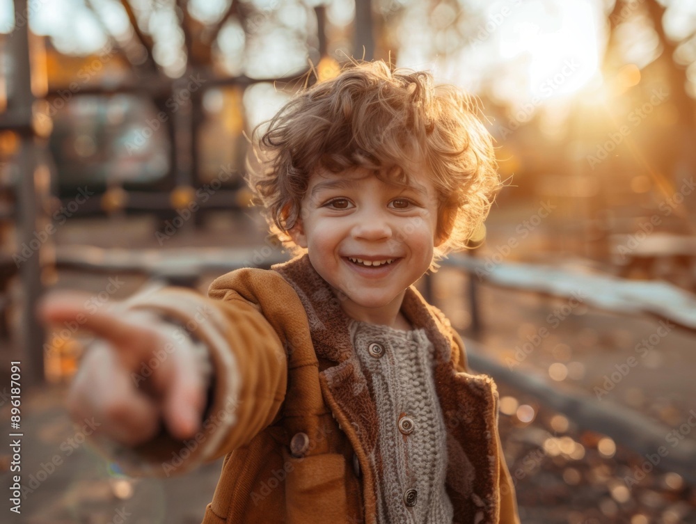 A young boy smiles and points at the camera. AI. A young boy smiles and points at the camera. AI.