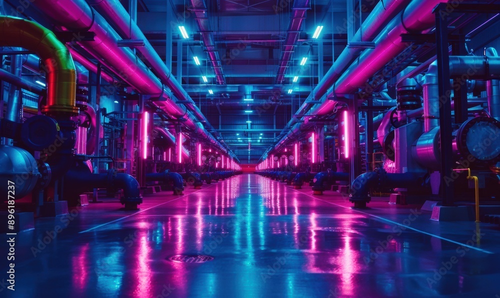 A neon-lit industrial corridor with pipes and machinery. AI.