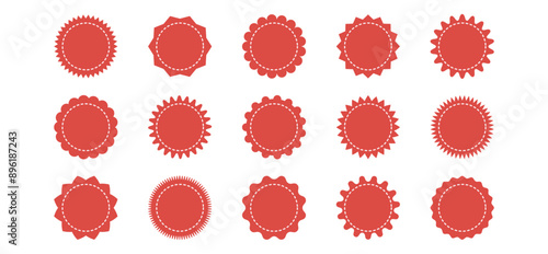Set of red sunburst stickers. Price tags with zig zag, scallop, wavy edges. Kit of badges, stamps, labels, speech bubbles isolated on white background.