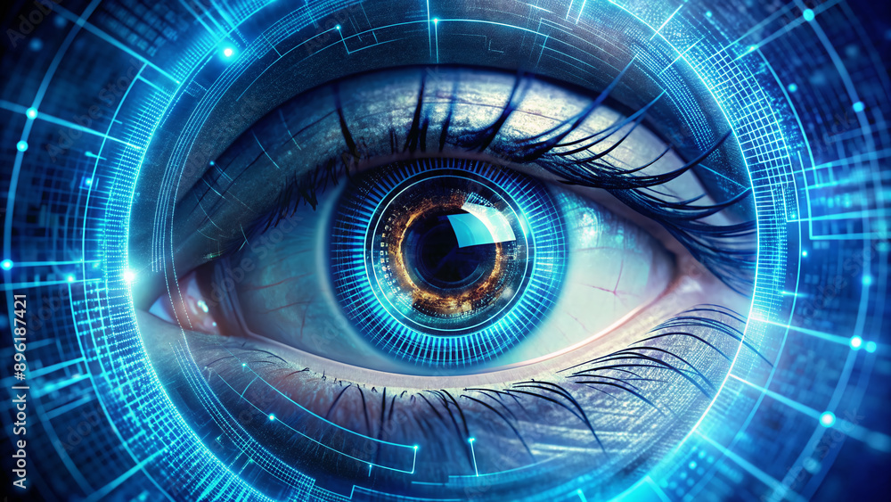 Intricate blue digital patterns swirl across an iris, evoking advanced biometric technology for scanning and security purposes, in a mesmerizing close-up of a futuristic eye. Intricate blue digital patterns swirl across an iris, evoking advanced biometric technology for scanning and security purposes, in a mesmerizing close-up of a futuristic eye.