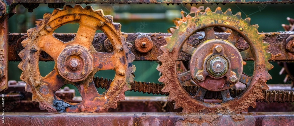 Fototapeta premium Rusty gears interlocked, a testament to time's passage. AI.