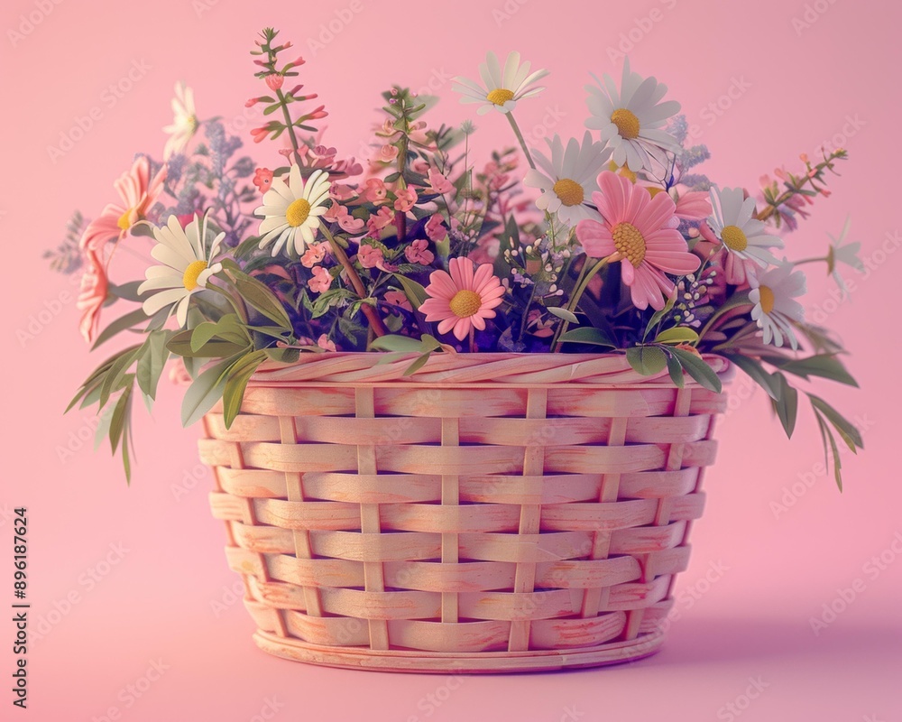A basket of colorful flowers on a pink background. AI. A basket of colorful flowers on a pink background. AI.