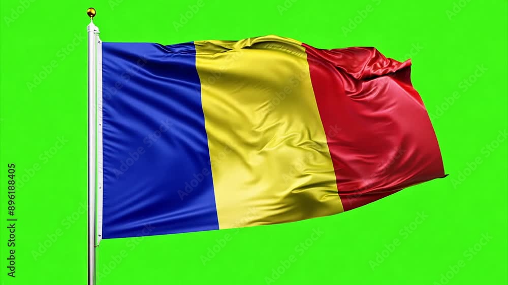 Romania national flag waving in the wind in slow motion against a chroma key green screen. Romania national flag waving in the wind in slow motion against a chroma key green screen.