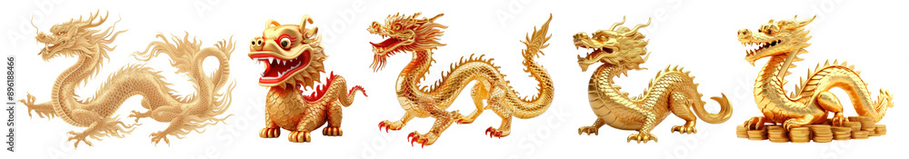 Fototapeta premium Chinese golden dragon statue png cut out element set