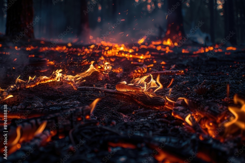 Burning embers and flames on the forest floor. AI. Burning embers and flames on the forest floor. AI.