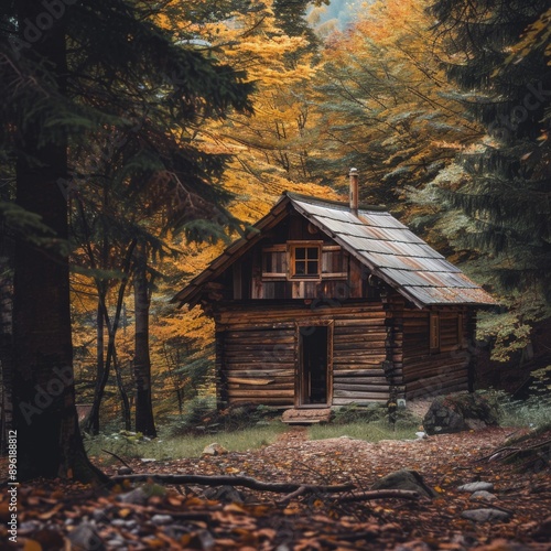 A rustic wooden cabin nestled in a forest clearing, surrounded by tall trees and natural greenery, offering a serene and cozy retreat in a peaceful woodland setting. AI generated image.