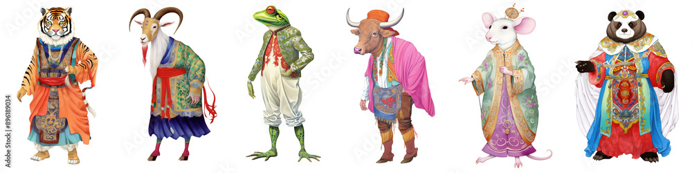 Naklejka premium Traditional animal cartoon png cut out element set