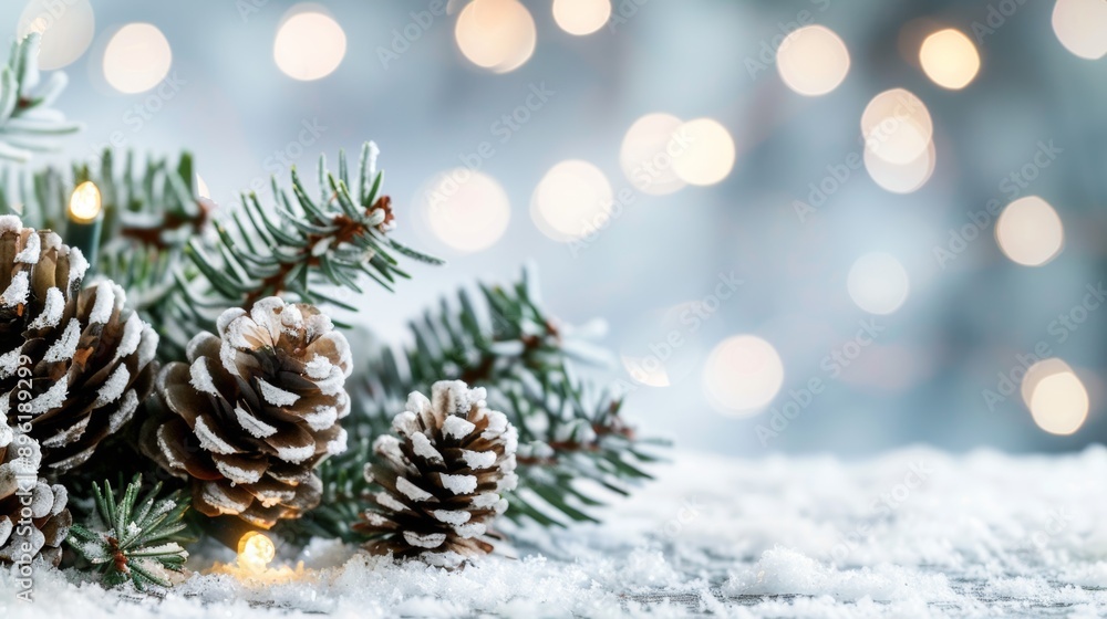 A Christmas tree with pine cones and snow on the ground A Christmas tree with pine cones and snow on the ground