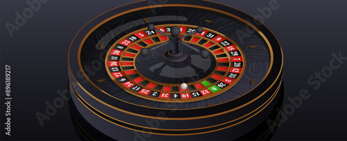 Black casino roulette wheel with wood desk and cells on black background with golden edging, borders. Vector illustration for casino, game design, advertising