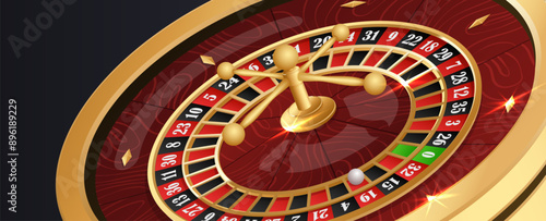 Golden casino roulette wheel with wood desk and cells on black background with golden light, rays, glare, sparkles. Vector illustration for casino, game design, advertising