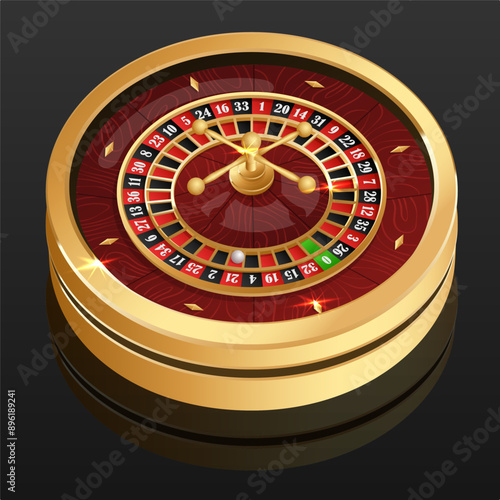 Golden casino roulette wheel with wood desk and cells on black background with golden light, rays, glare, sparkles. Vector illustration for casino, game design, advertising