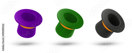 Set 3d rendering illustration of a Cylinder magic hat with golden ribbon. Vintage man fashion and magic show concept. Vector art isolated on white background