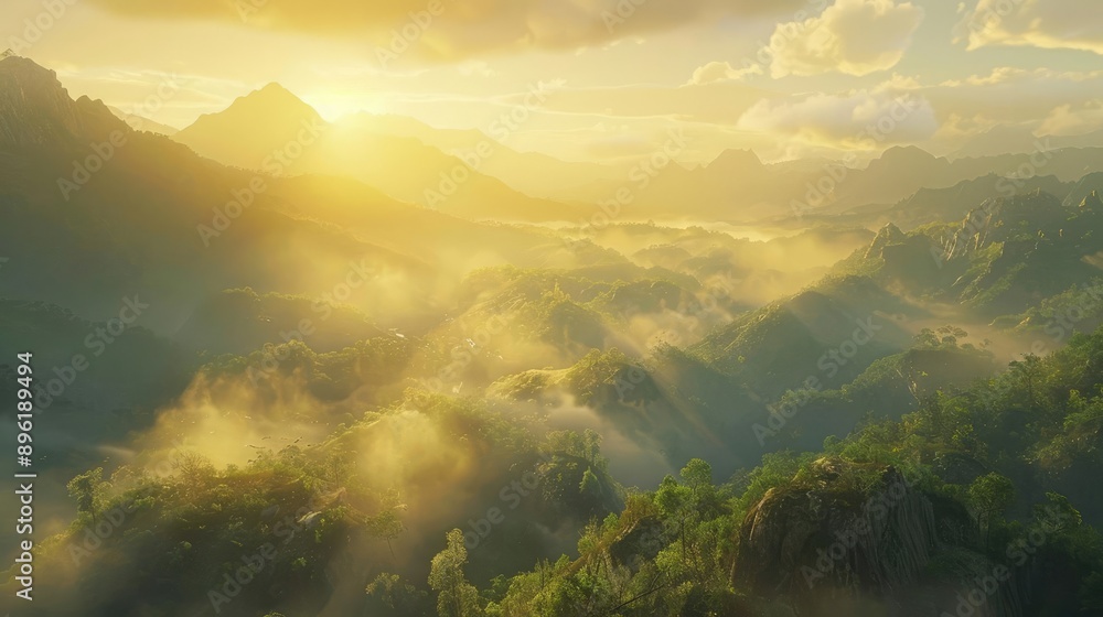 Golden sunrise illuminates a breathtaking mountain range with mist flowing through the valleys. Golden sunrise illuminates a breathtaking mountain range with mist flowing through the valleys.