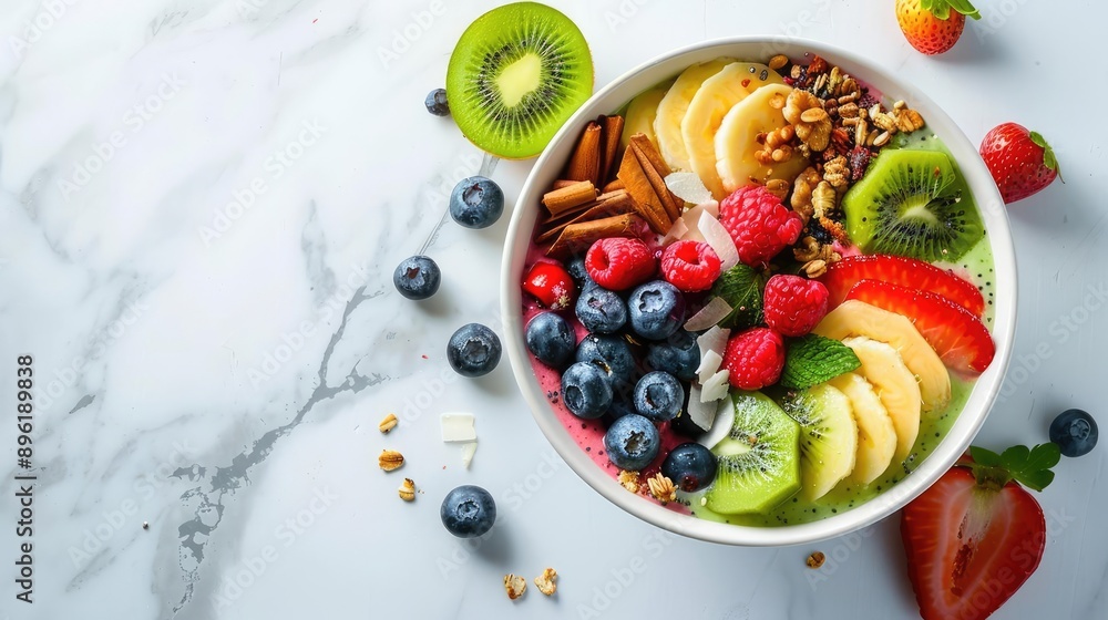 Healthy breakfast bowl with fresh fruits, granola and coconut flakes. Healthy breakfast bowl with fresh fruits, granola and coconut flakes.