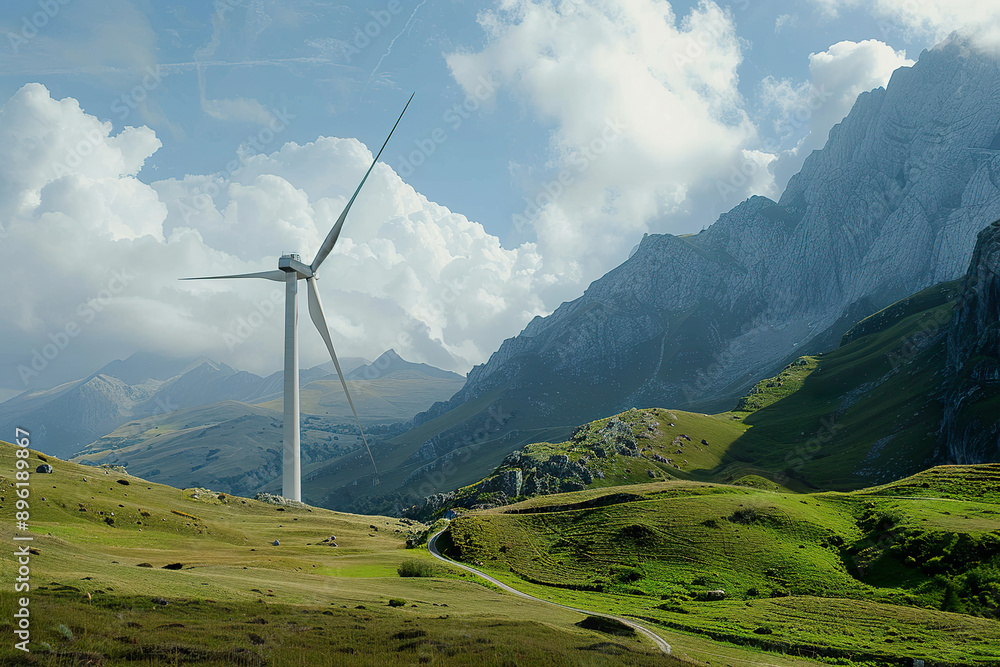 A wind turbine is standing in a field next to a mountain. A wind turbine is standing in a field next to a mountain.