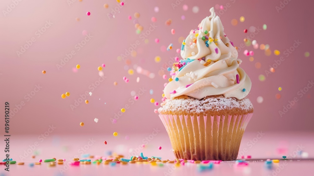 Single cupcake with white frosting and colorful sprinkles, on pink background. Single cupcake with white frosting and colorful sprinkles, on pink background.