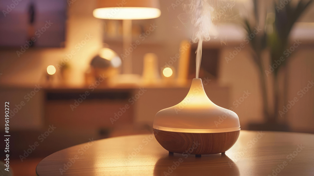 A modern essential oil diffuser with steam rising, on a table in a living room setting. A modern essential oil diffuser with steam rising, on a table in a living room setting.