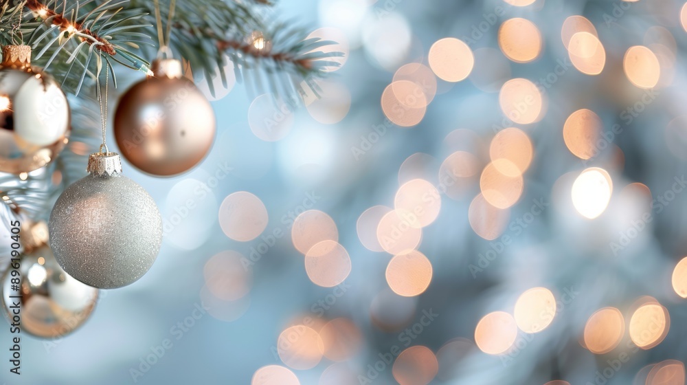 A Christmas tree with a white and gold ornament hanging from it A Christmas tree with a white and gold ornament hanging from it